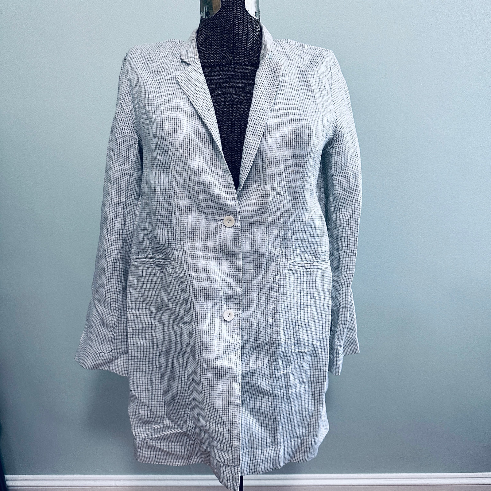 Eileen Fisher cream plaid long linen blazer
