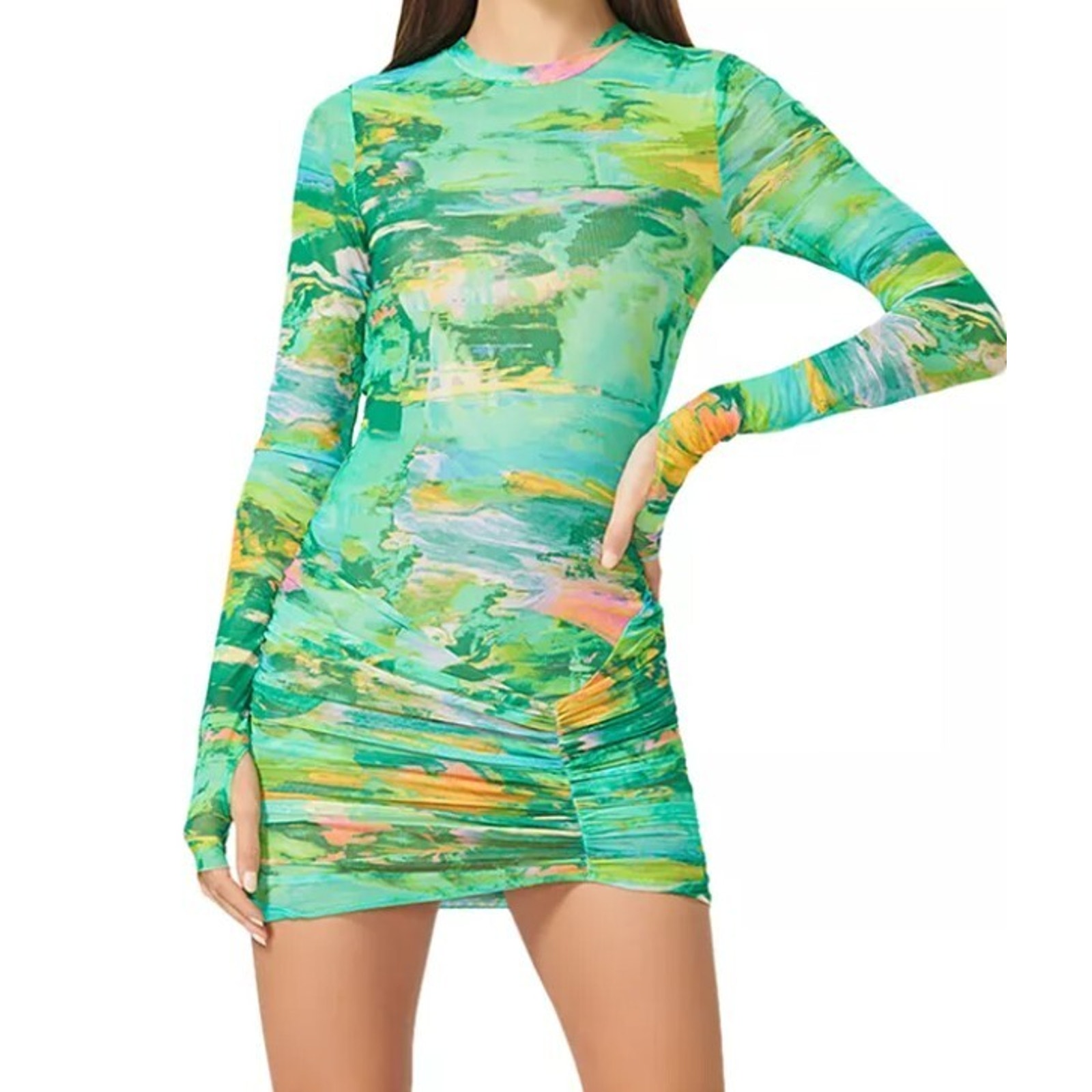 AFRM Mirza Long Sleeve Mini Dress Women's Small Acid Green Bodycon Thumbhole NWT