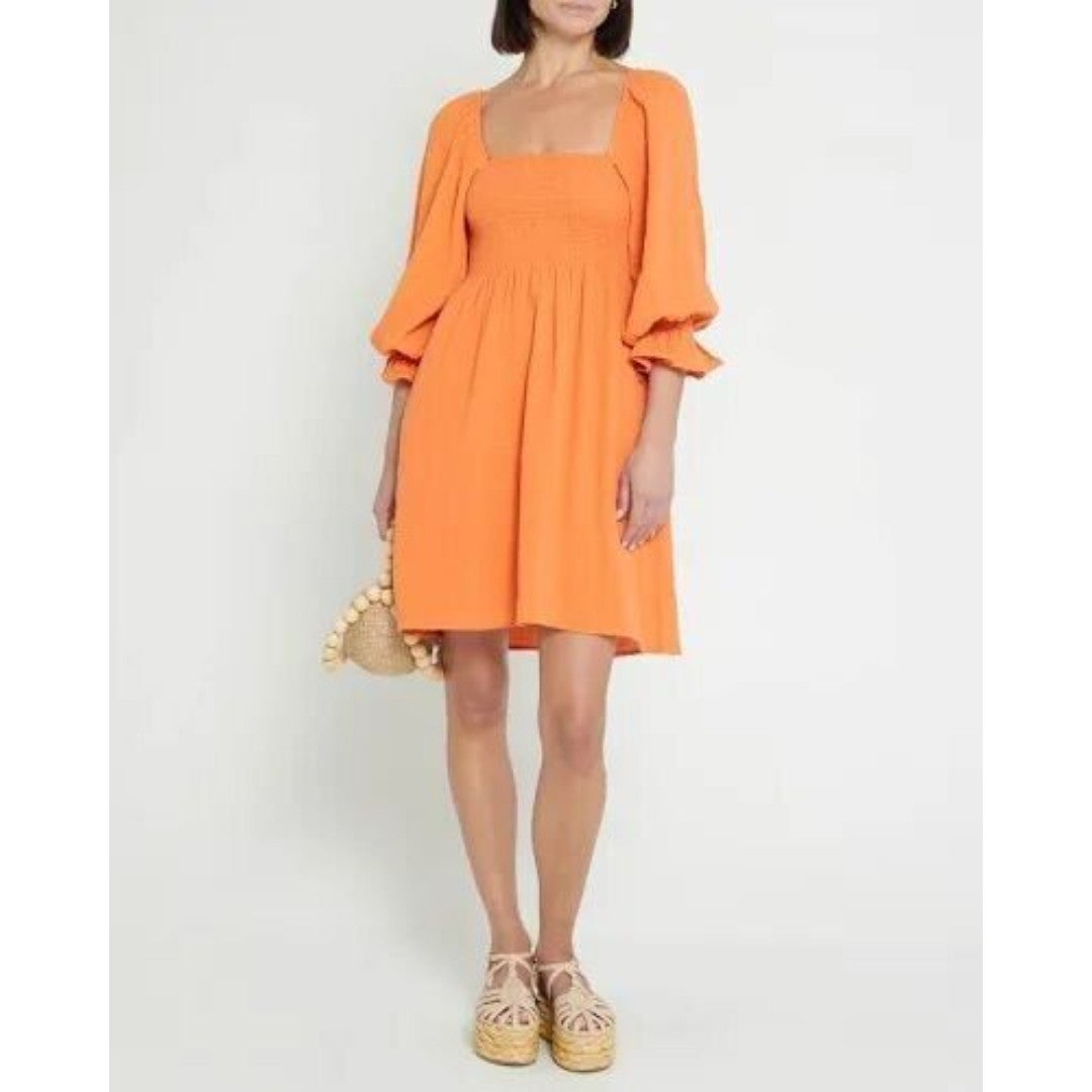 NWOT Kourt Portia Fall Look Dress Smocked Bodice SZ M Rust Puff Sleeves 210MSRP