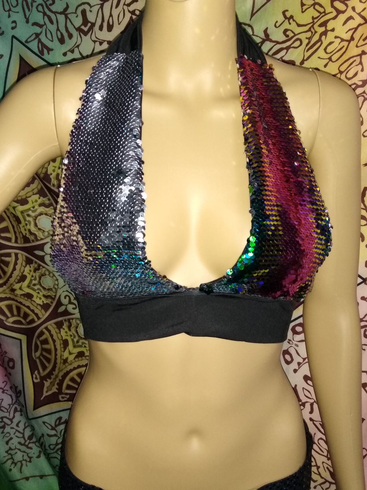 Rainbow/silver flip sequin halter top