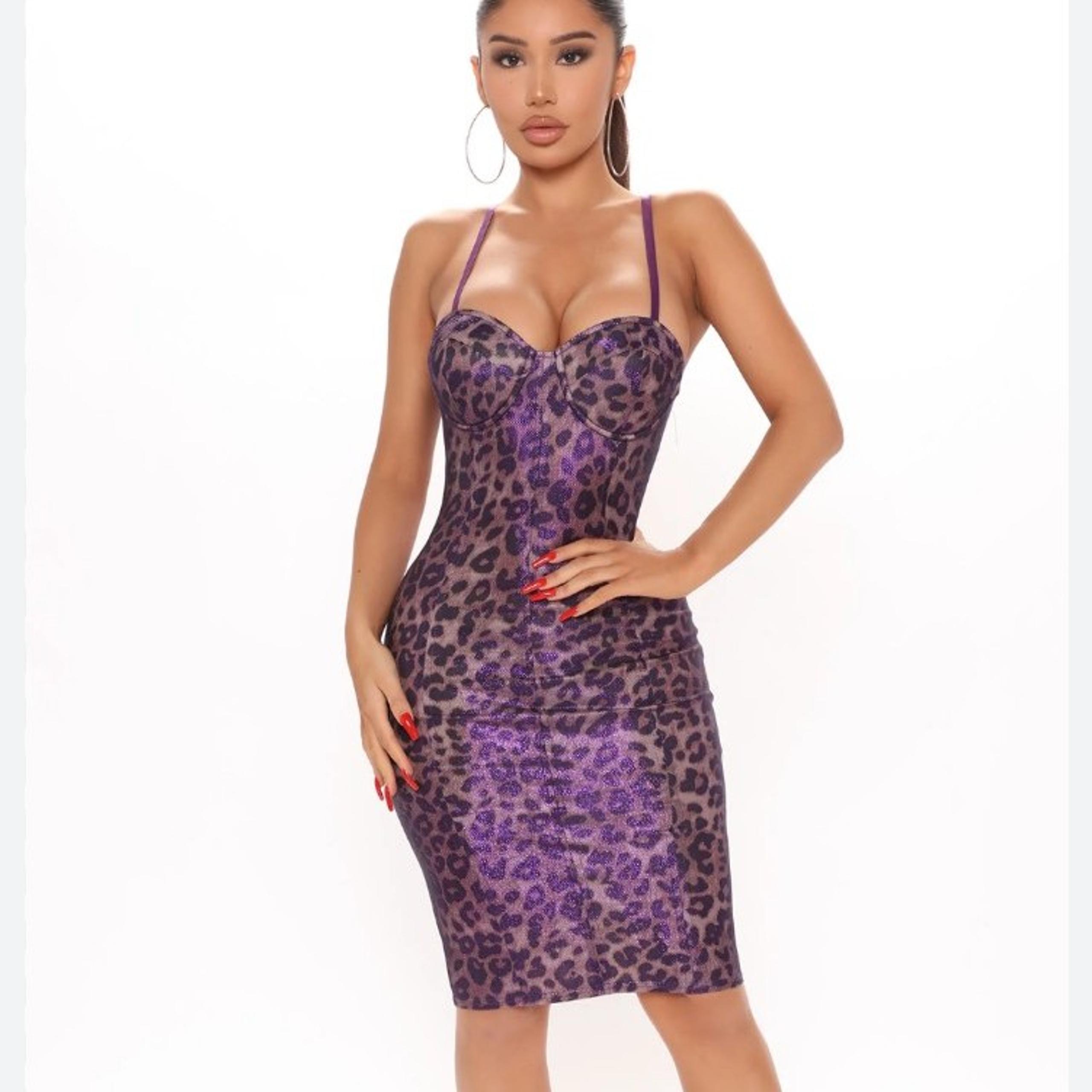Fashion Nova me wow metallic midi bodycon dress cheetah purple with molded cups