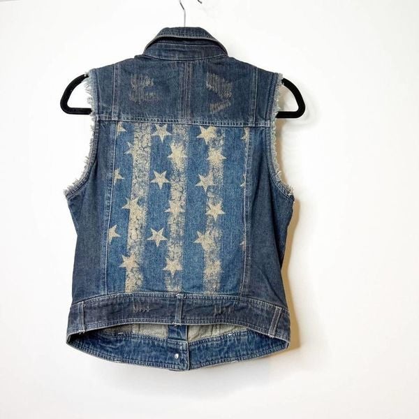 Harley Davidson Womens Blue Flag Sleeveless Button Front Vest Jacket Size Small