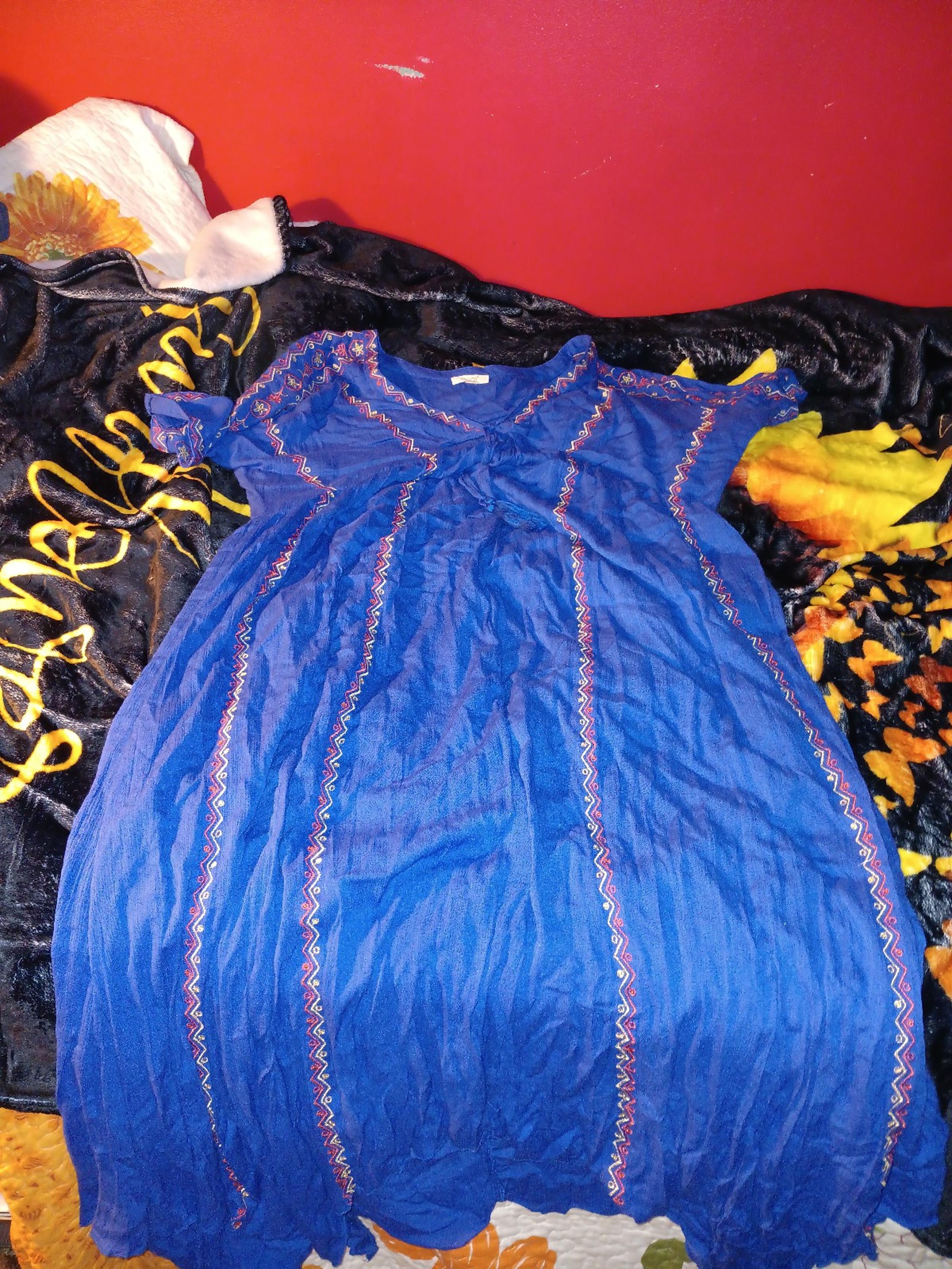 Dress, blue with Mexican theme cords on front size 3xl