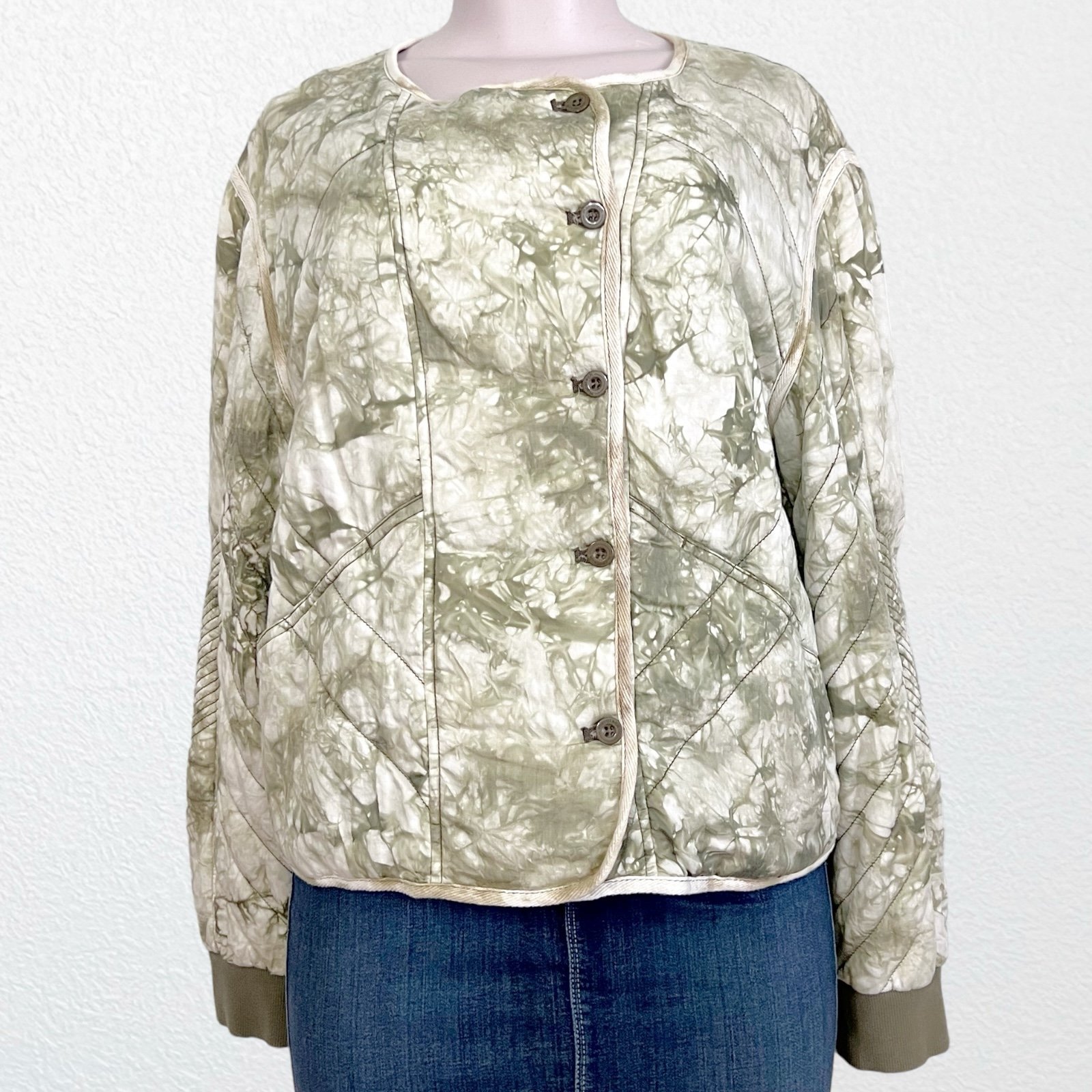 Anthropologie Marrakech Quilted Jacket Green Off White Tie Dye SZ M New