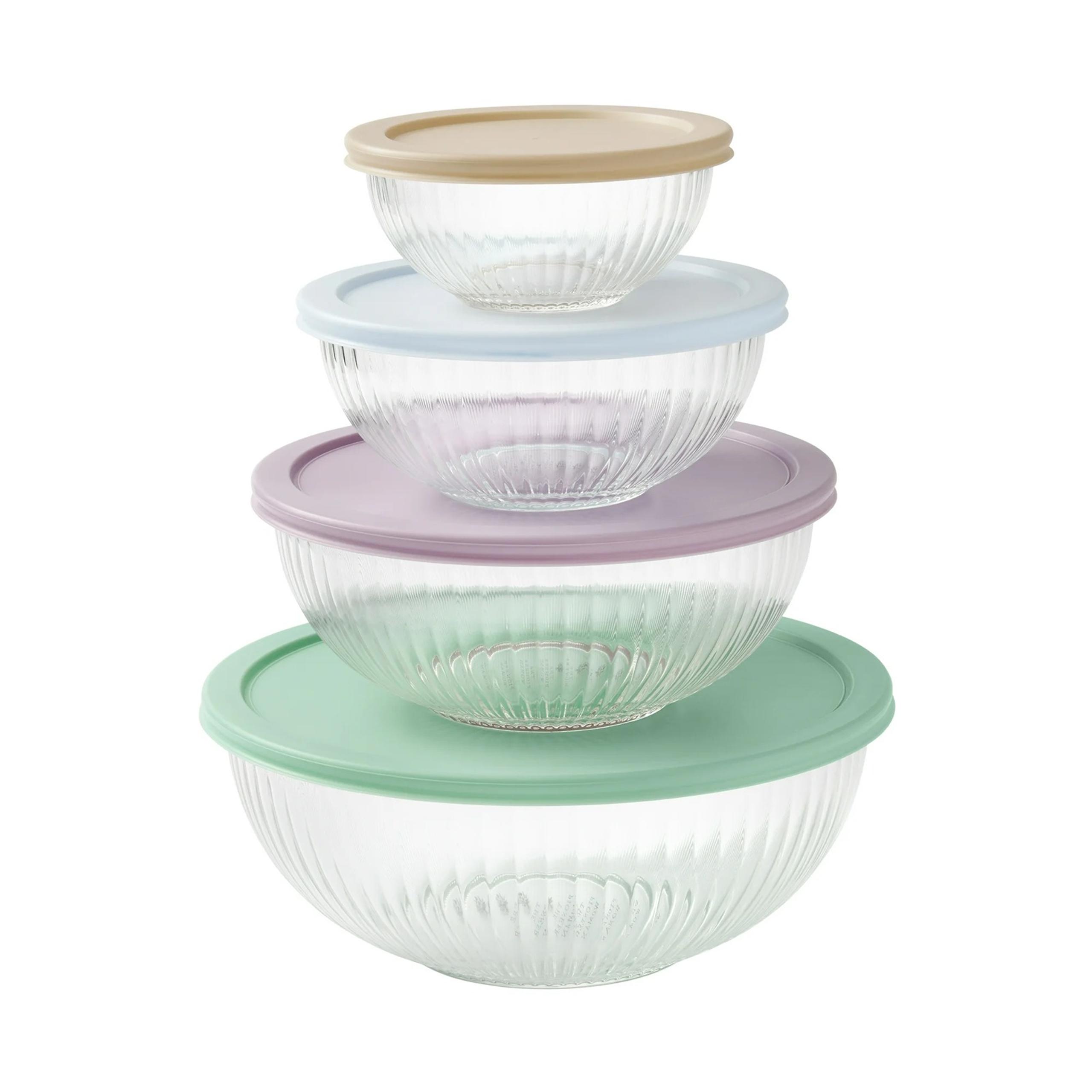 Pioneer Woman Glass Mixing Bowl 8pc Set Lids Green Purple Blue Beige Stackable