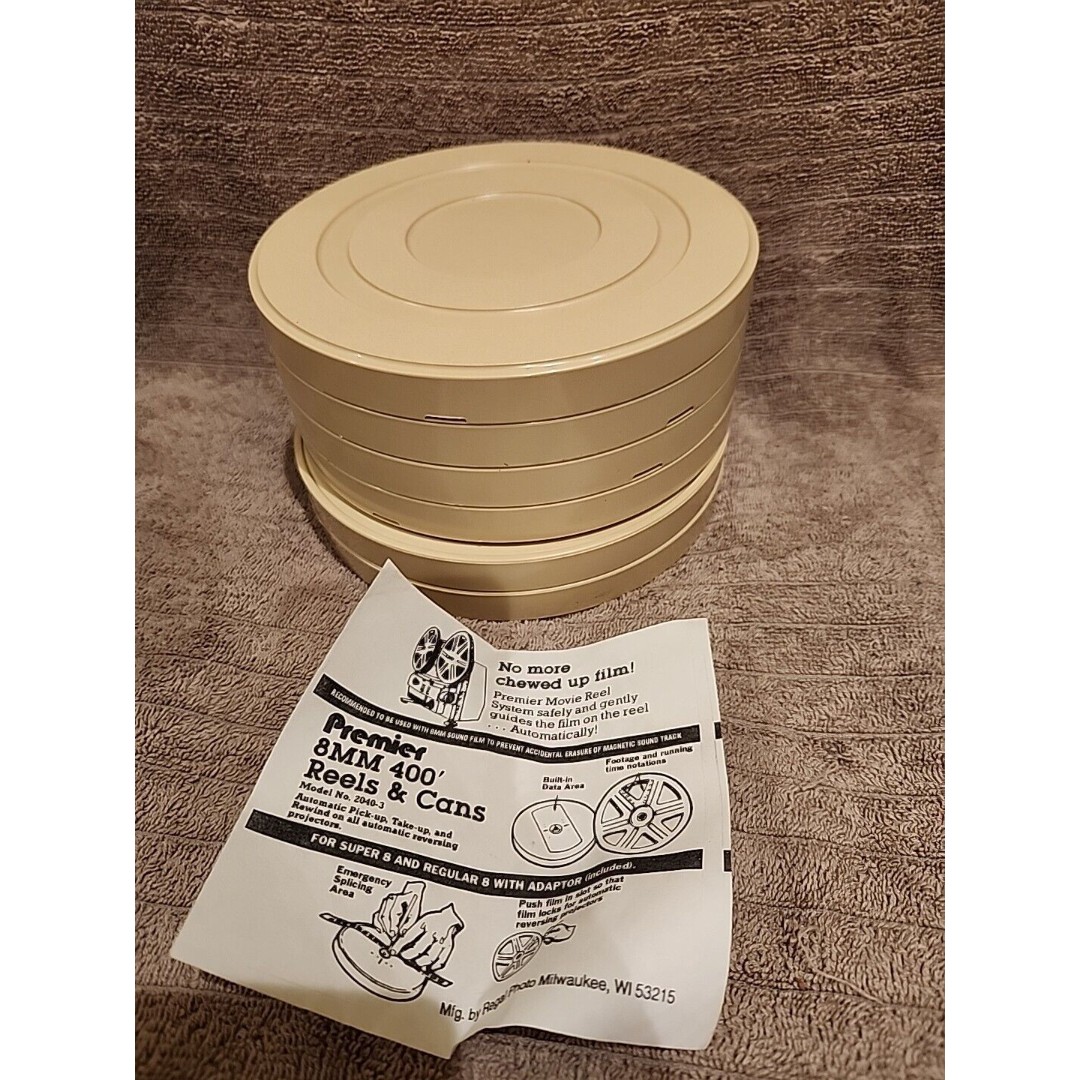 Lot of six 400' / 7 vintage 8mm PREMIER splicing brand plastic film cans
