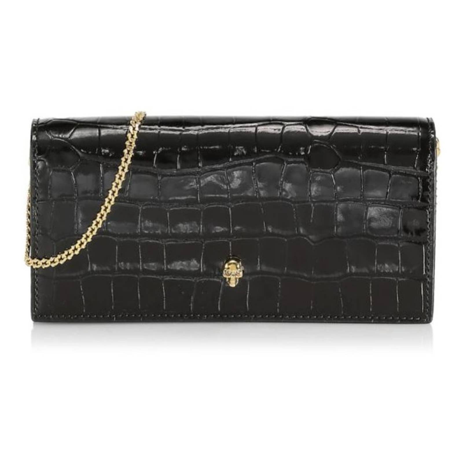 Alexander McQueen Croc-Embossed Leather Wallet-On-Chain Black