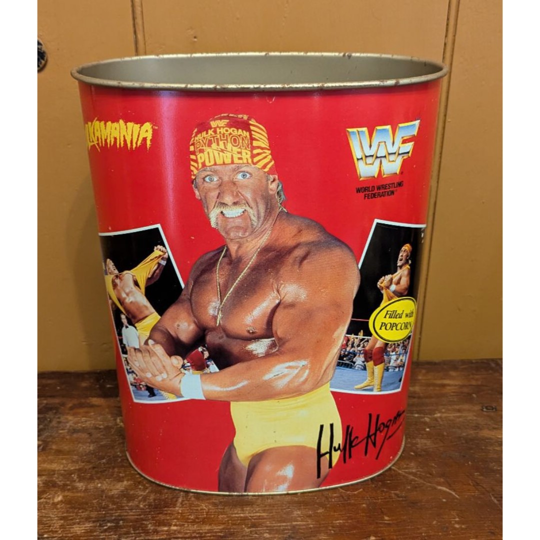 VTG 1991 WWF Wrestling Hulk Hogan Ultimate Warrior Metal Trash Can - Great Cond!