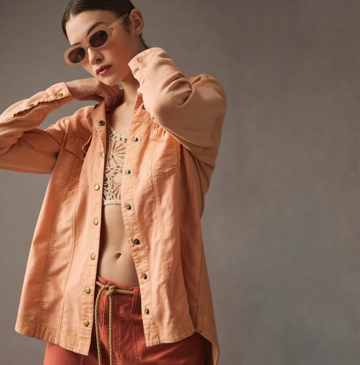 Pilcro by Anthropologie Utility Snap Front Shirt Jacket in Peach