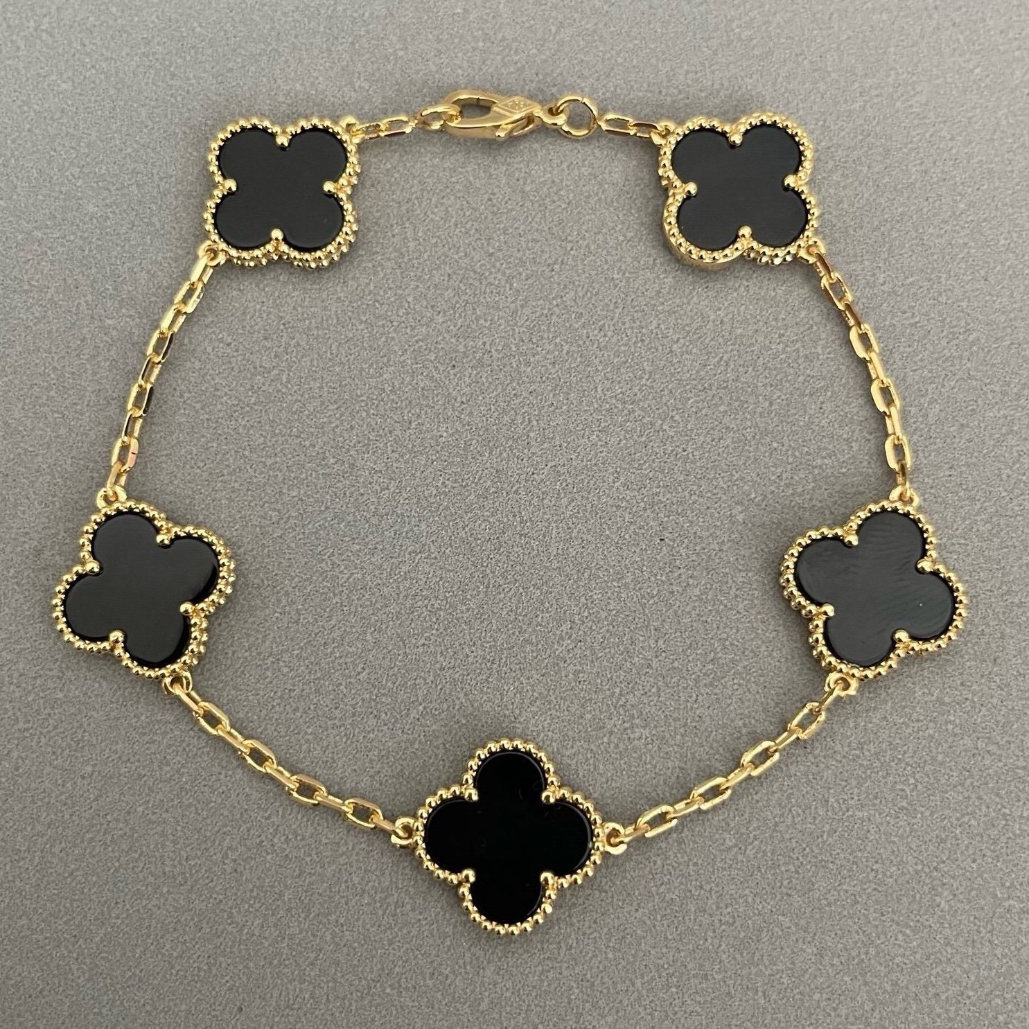 18k Gold plated clover bracelet black onyx 7.5”