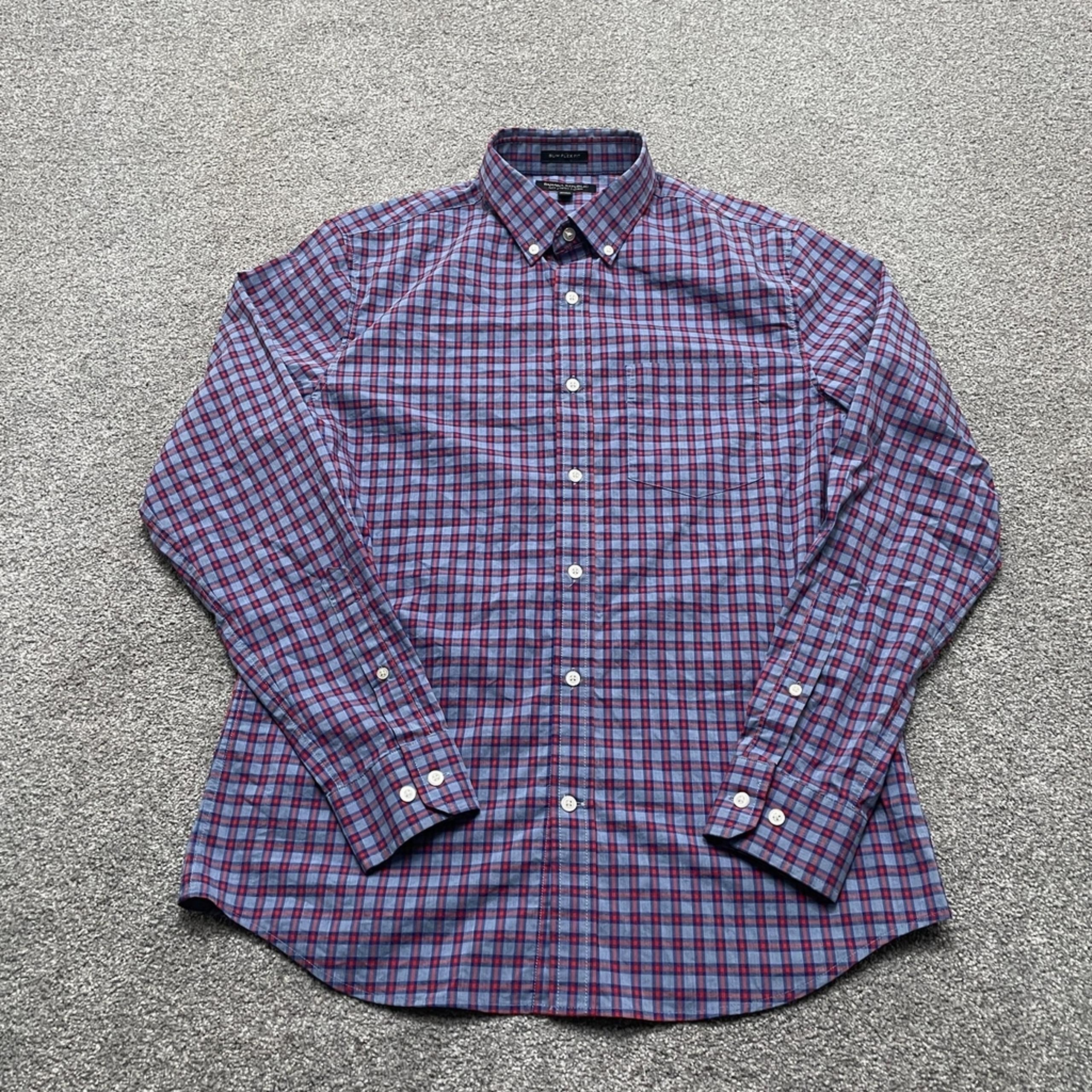 Banana Republic Shirt Medium Blue Red Plaid Slim Flex Stretch Long Sleeve Mens