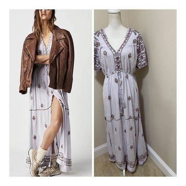 Free People Riley Embroidered Maxi Dress Smocked Tie Detail Purple Gray S NWT