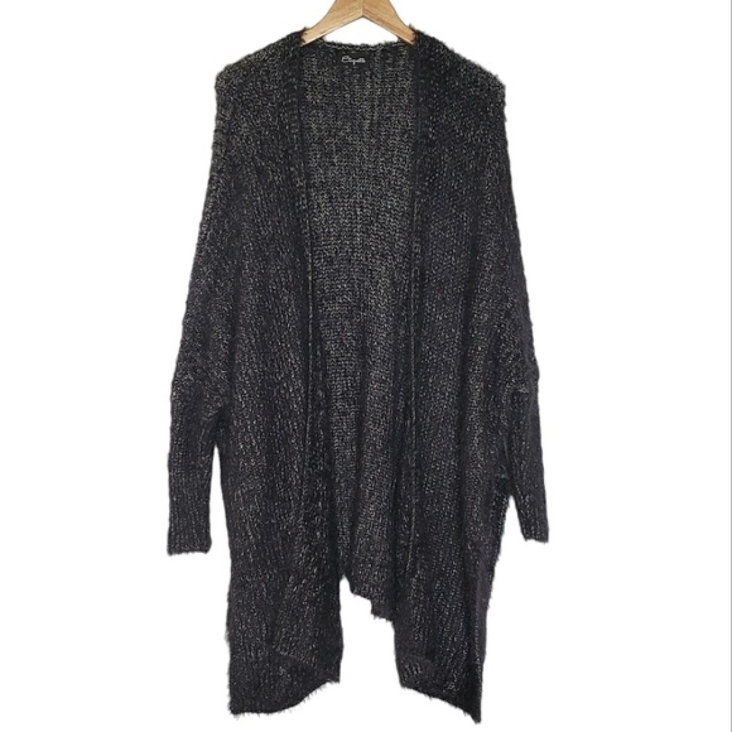 Etiquette Cardigan Sweater Black Open Front Eyelash OS Long Dolman Sleeve Soft