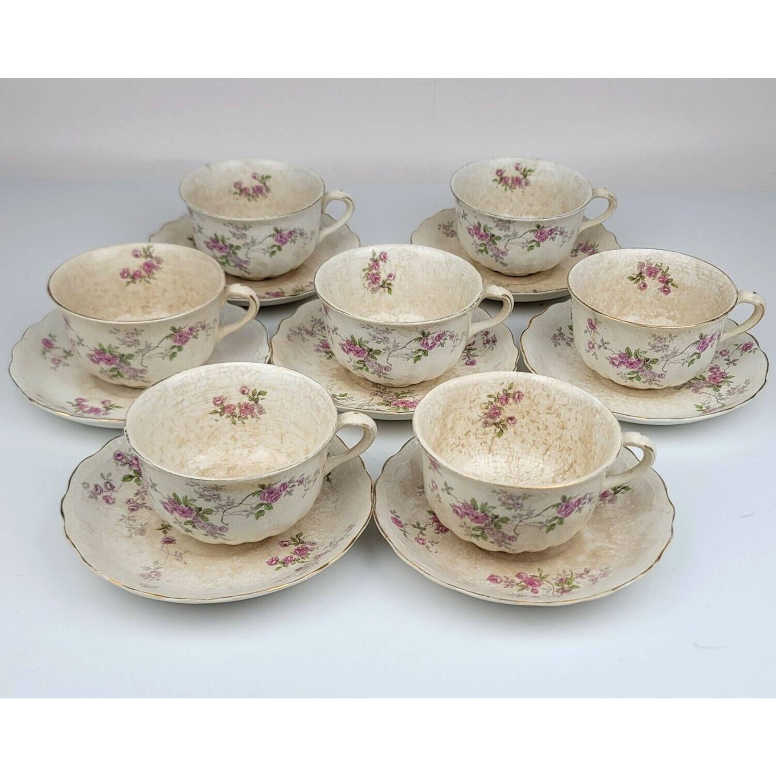 14pc Vintage Antique Buffalo Pottery Early 1900s TEACUP & SAUCER (x7) Lot - RARE