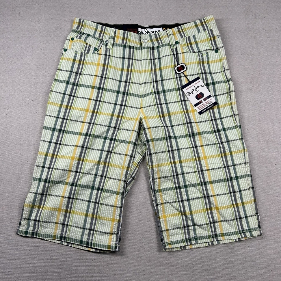 Pepe Jeans London Shorts Mens 34 Seersucker Plaid Hip Hop Street Long Baggy Y2K