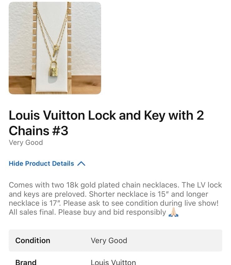 Louis Vuitton lock and key with gold chain necklace