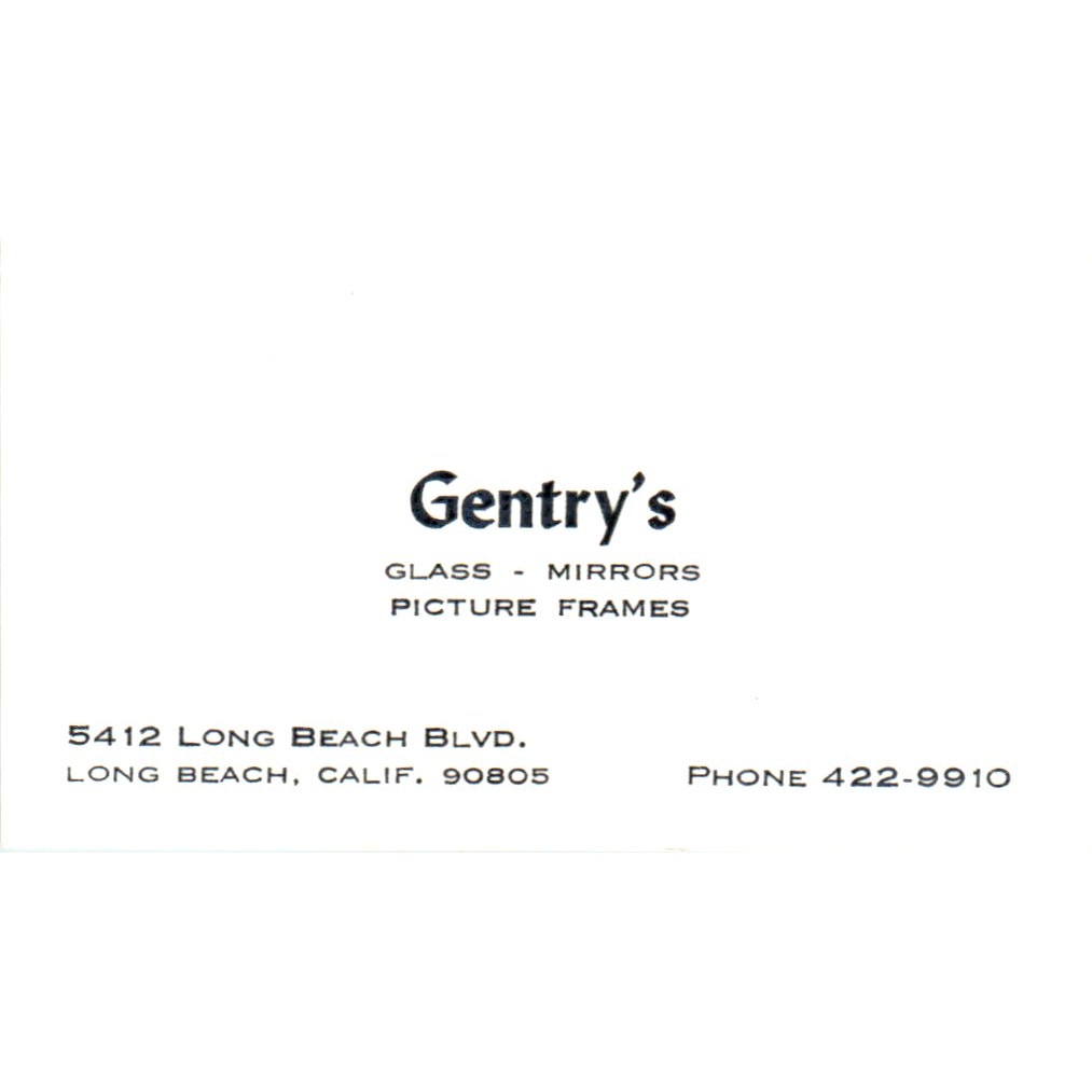 Gentry's Glass Mirrors Frames Long Beach CA Vintage Business Card SD4-B1