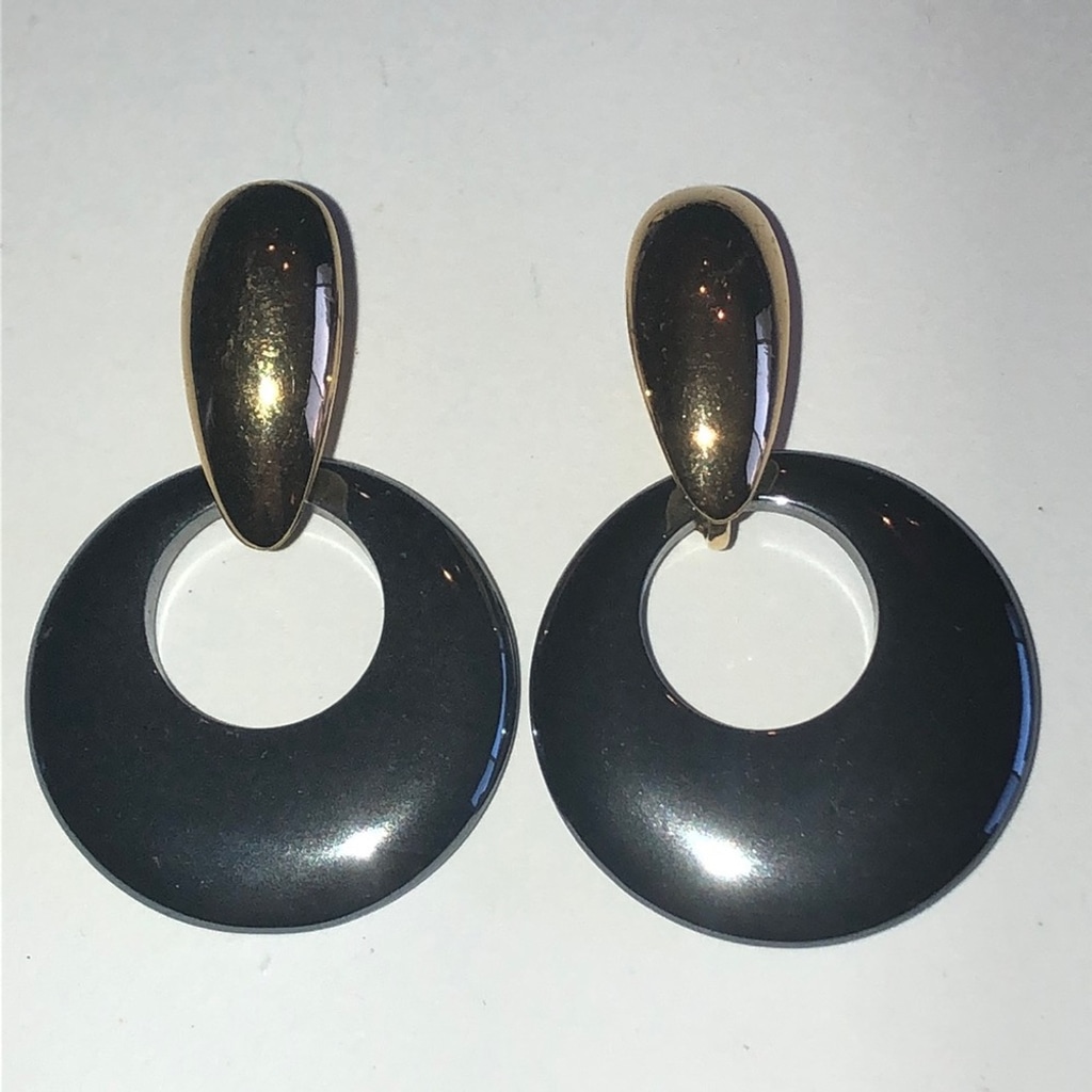 Vintage Gold Tone & Dangling Hematite Metallic Gray Door Knocker Earrings