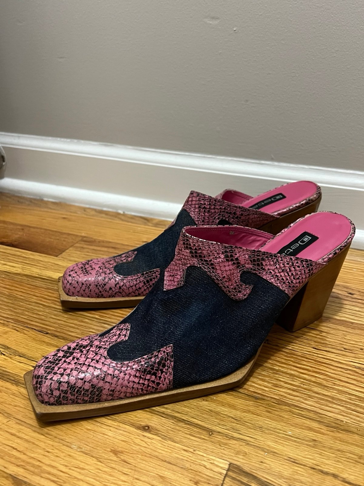 Vintage Western Leather Mules - Denim + Pink Snakeskin (Size 8.5)