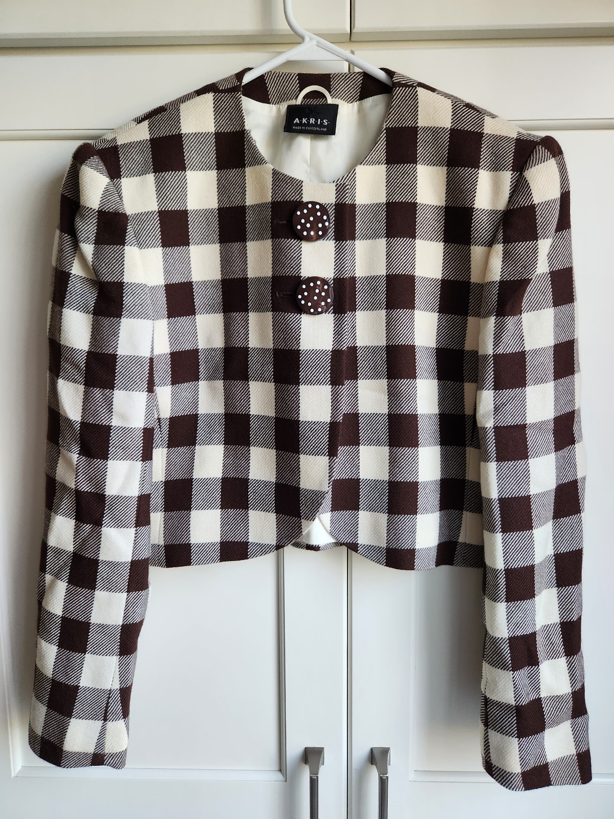 AKRIS Women's Size 8 Short Cropped Blazer Jacket in Brown Ivory Virgin Wool/Silk