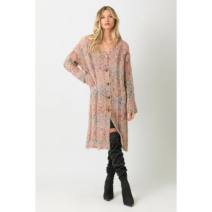 Mystree Long Sleeve V-Neck Button Down Cardigan in Latte Mix - Sz S - NWT