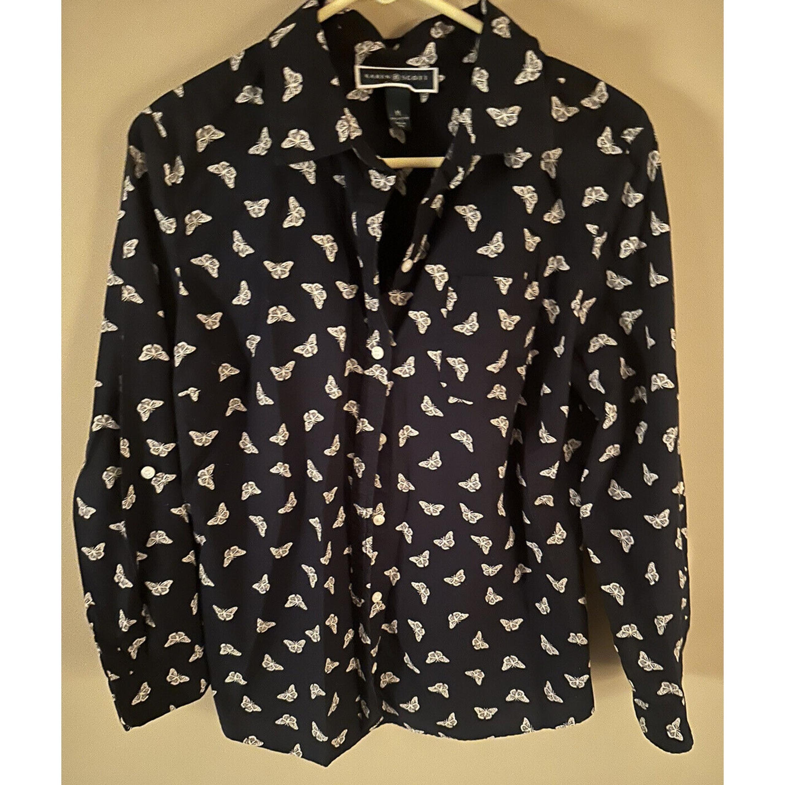 Karen Scott Blouse Women’s PL Navy Button Down Butterfly Shirt Roll Tab Sleeves