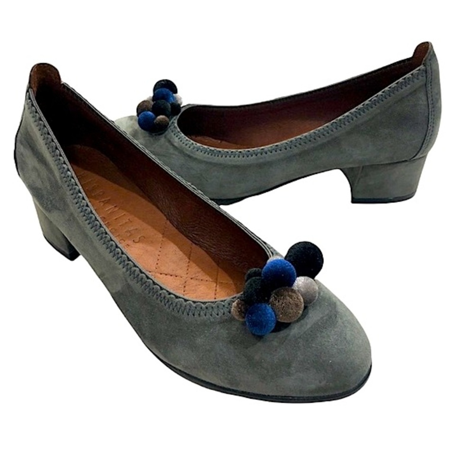 Hispanitas US 7.5 38.5 Pump Heels Jedda Pompom Suede Leather Graphite Gray