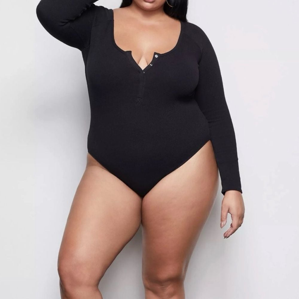 Good American Women's 3XL Feel Good Henley Bodysuit Black Ribbed Scoop Neck Plus