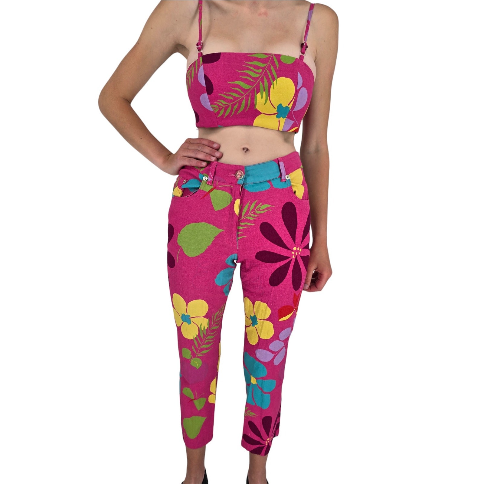 Vintage Y2K ABS Allen Schwartz Flower Power Cropped Pants and Top Sz S Pink