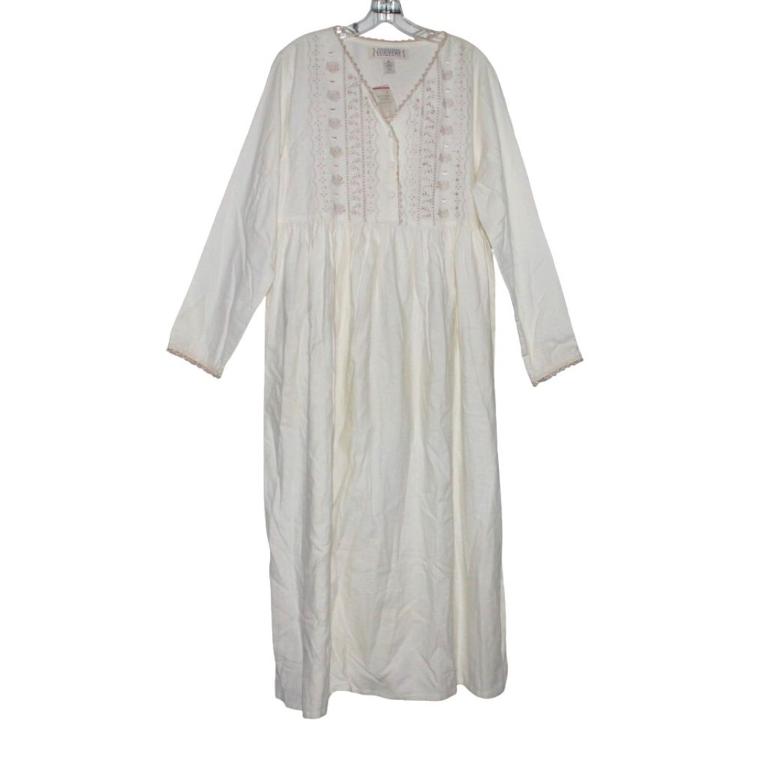 Victoria Secret Country NIght Gown Ivory Cotton Lace Pleats Embroidered Size M