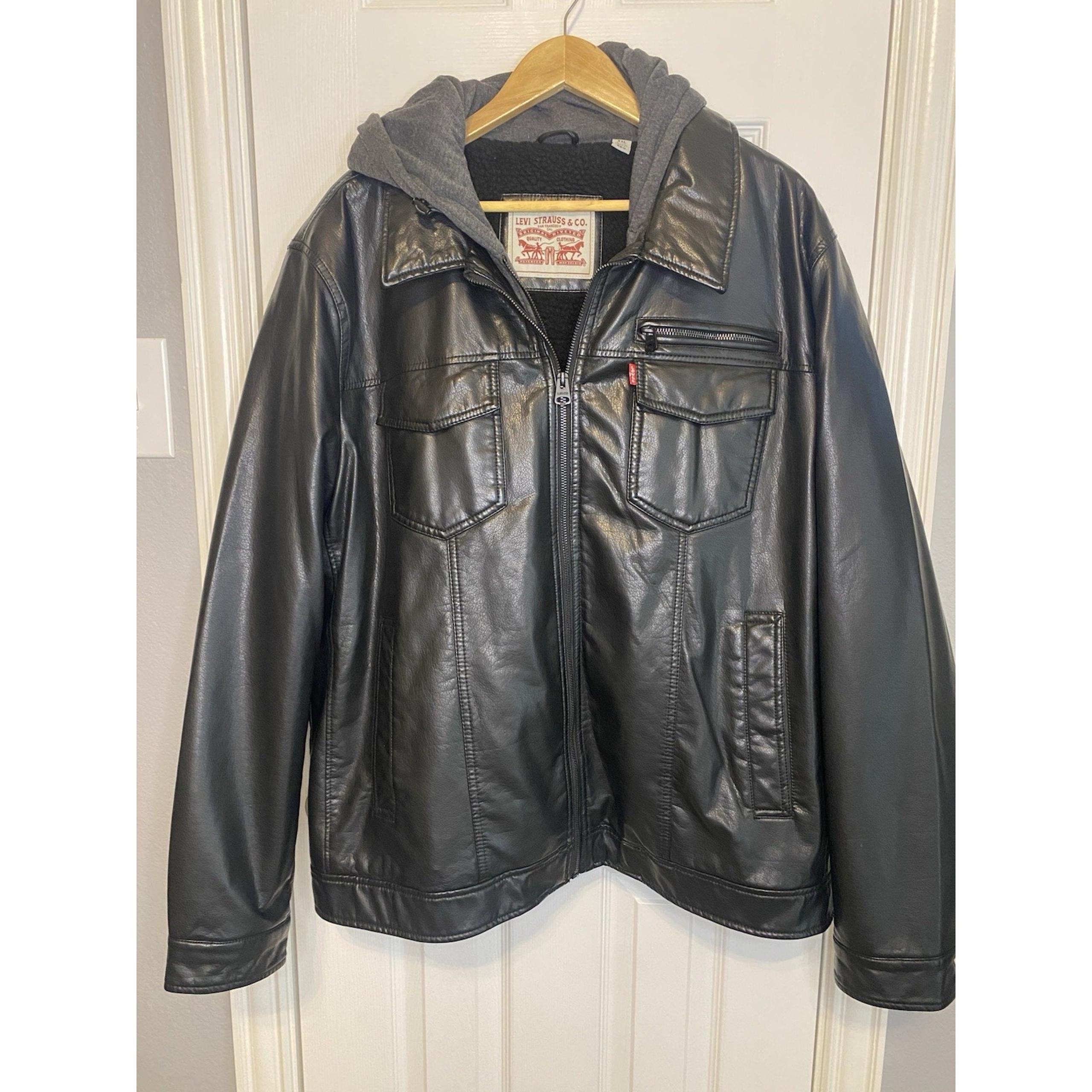 Levi's Classic Faux Leather Trucker Sherpa Jersey Hooded Black Jacket Men's XXL