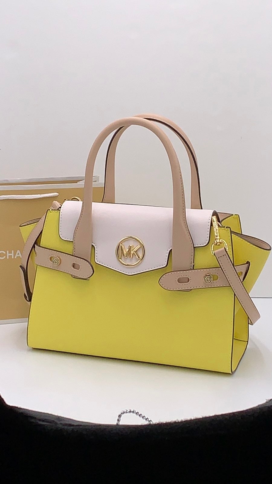MICHAEL KORS Carmen Medium Color-Block Faux Saffiano Leather Belted Satchel