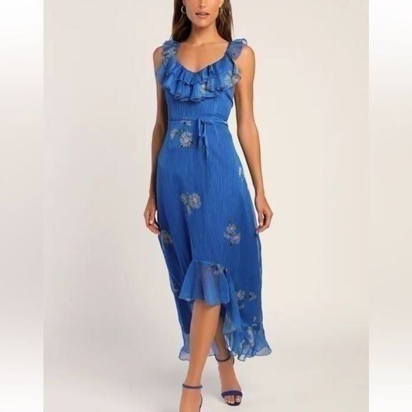 Lulu’s Enchanting Elegance Blue Floral Ruffle neck High Low Chiffon Dress | Si