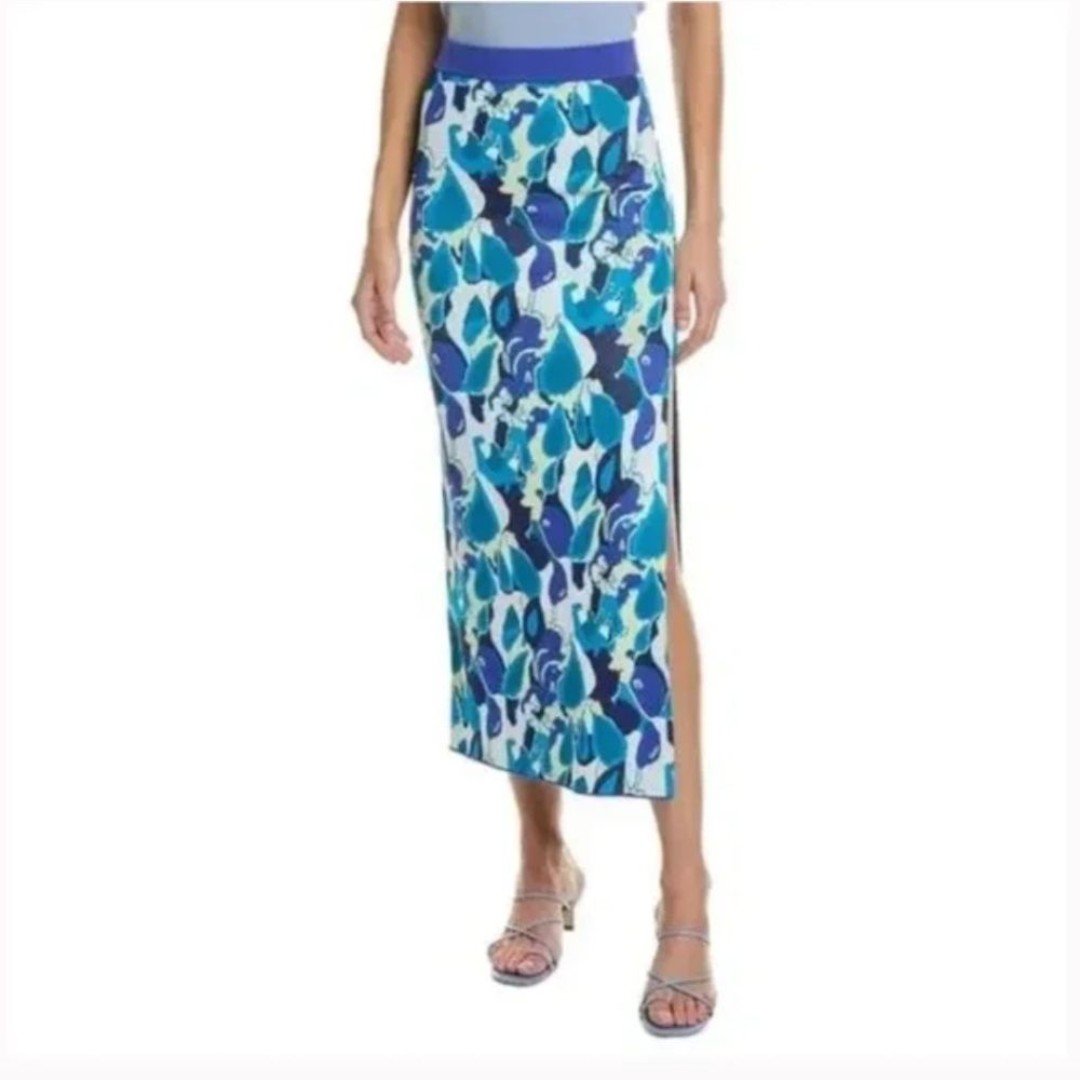 NWT Staud | Blue Giovanni Floral High Waisted Side Slit Knit Midi Skirt, M