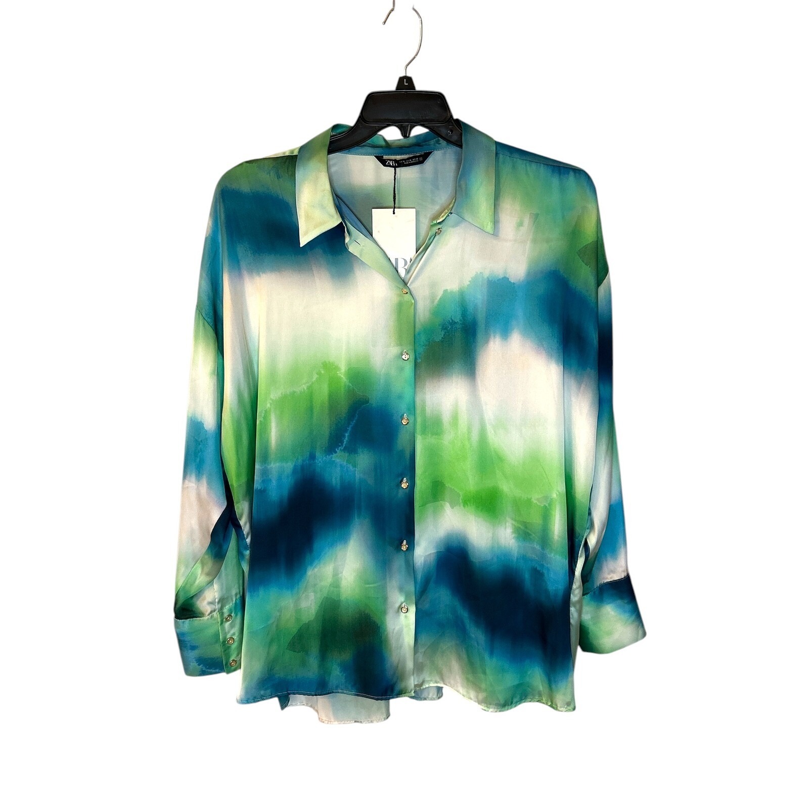 Zara Watercolor Print Button Down Long Sleeve Blouse Top Oversized XL