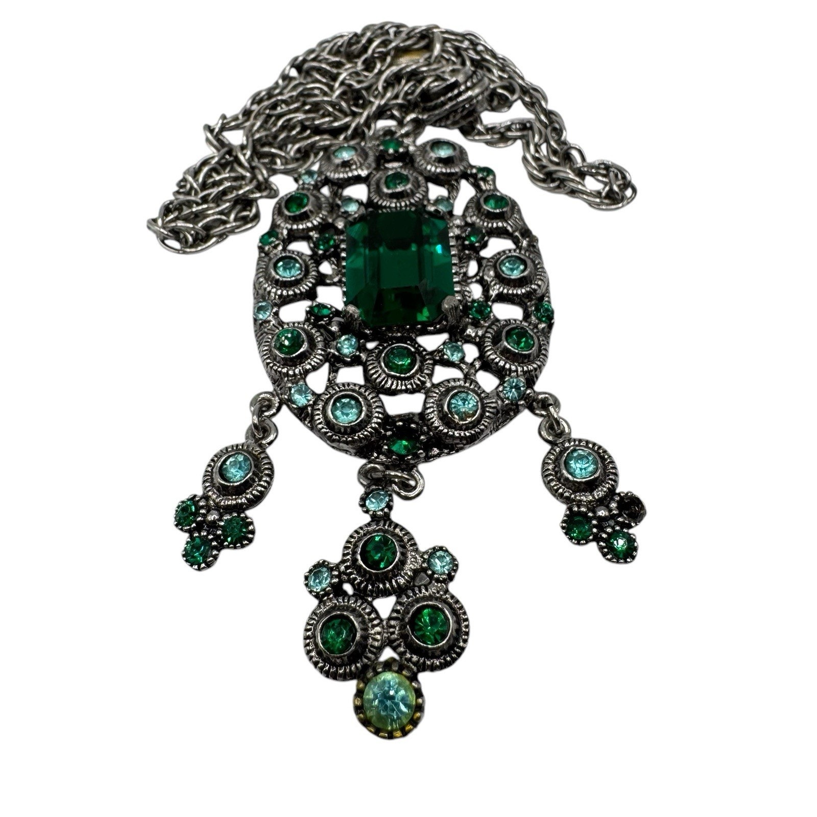 HOLLYCRAFT Signed Green Emerald Cut Rhinestone PENDANT Necklace Dangle Estate