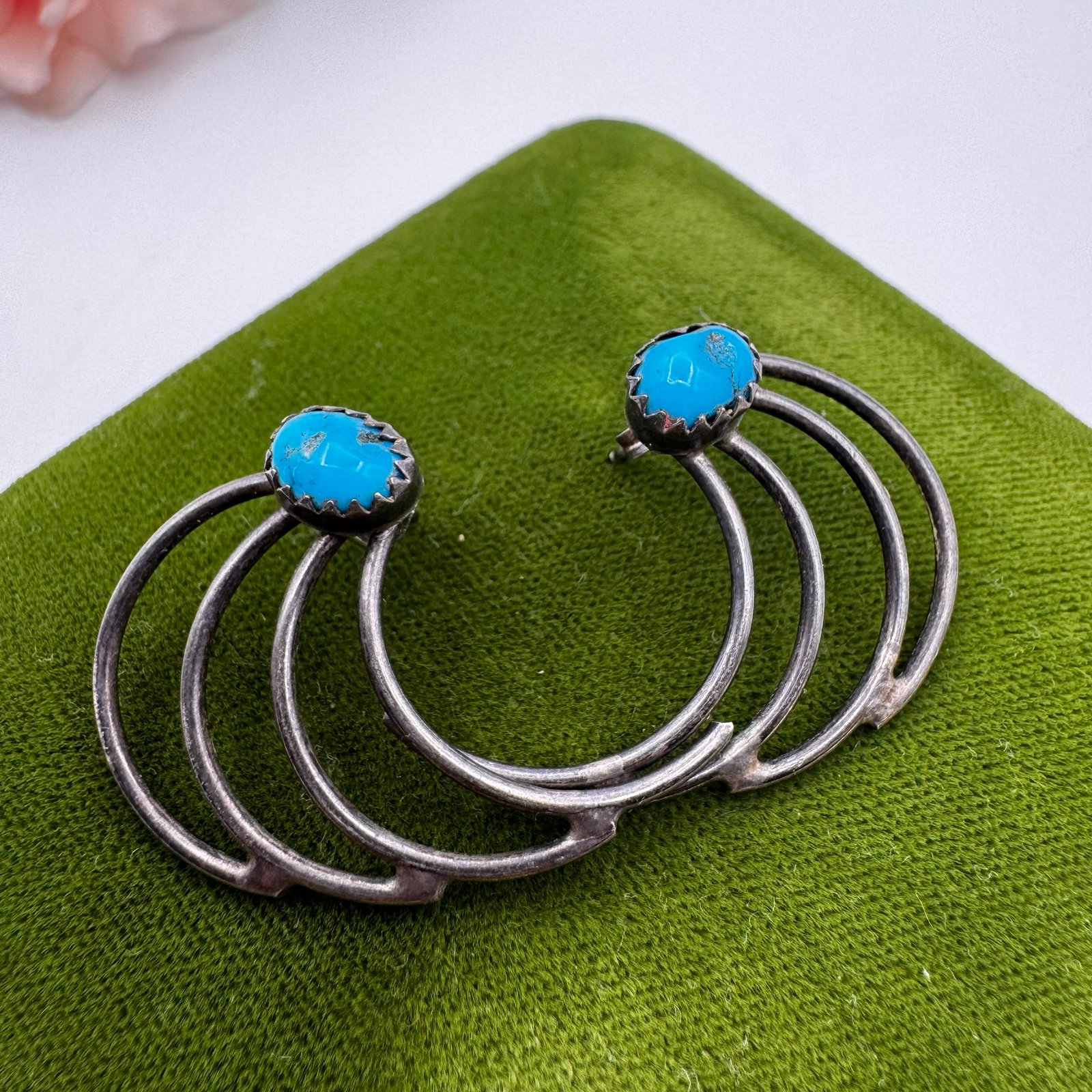 Navajo Native American Silver Turquoise Wing Pierce Earrings