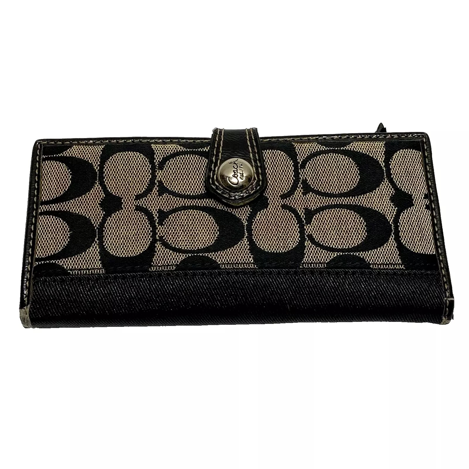 Coach Vintage Signature Snap Front Wallet Black Gray Canvas Leather Cardholder