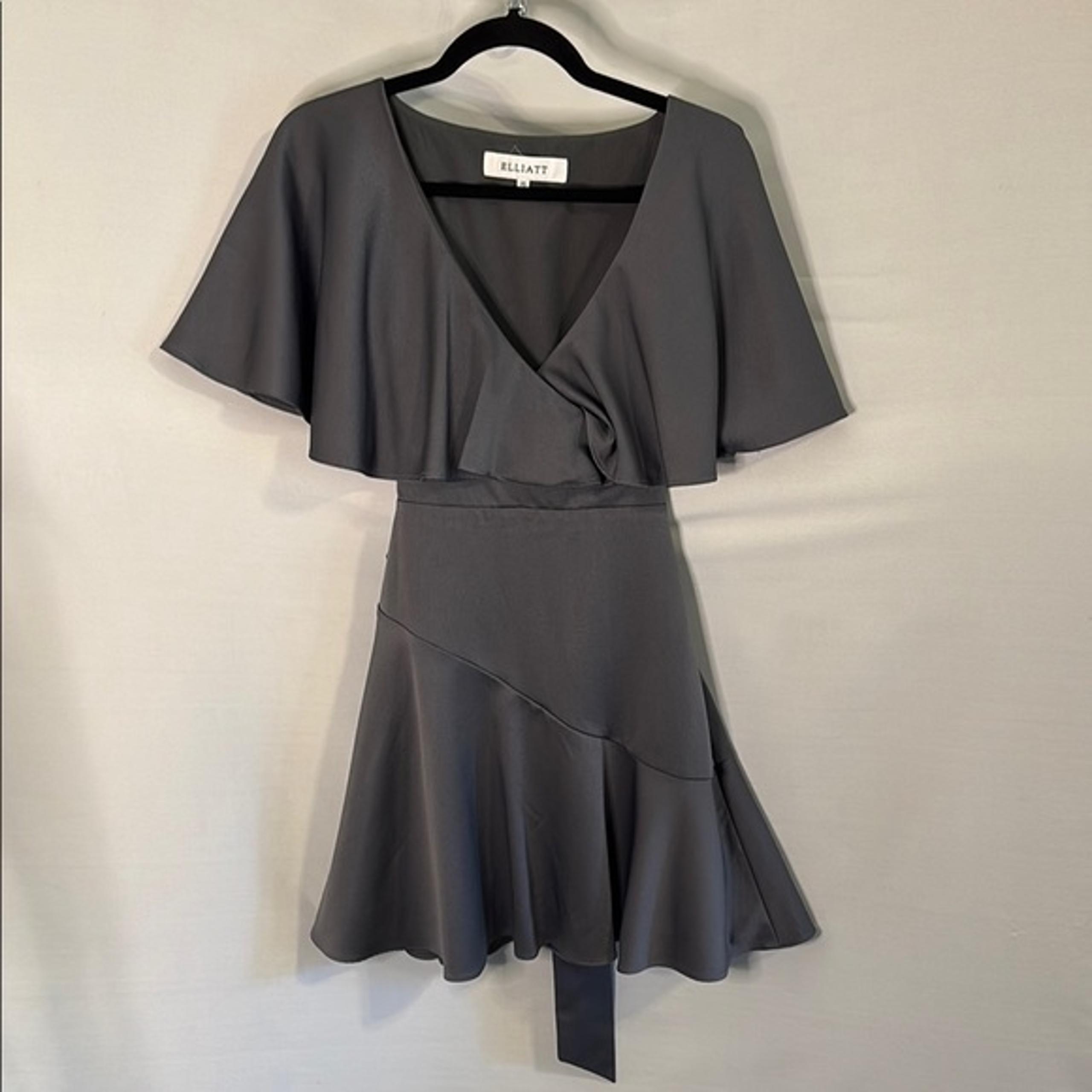 Elliatt Gray Asymmetrical Faux Wrap Mini Dress with Flutter Sleeves XS