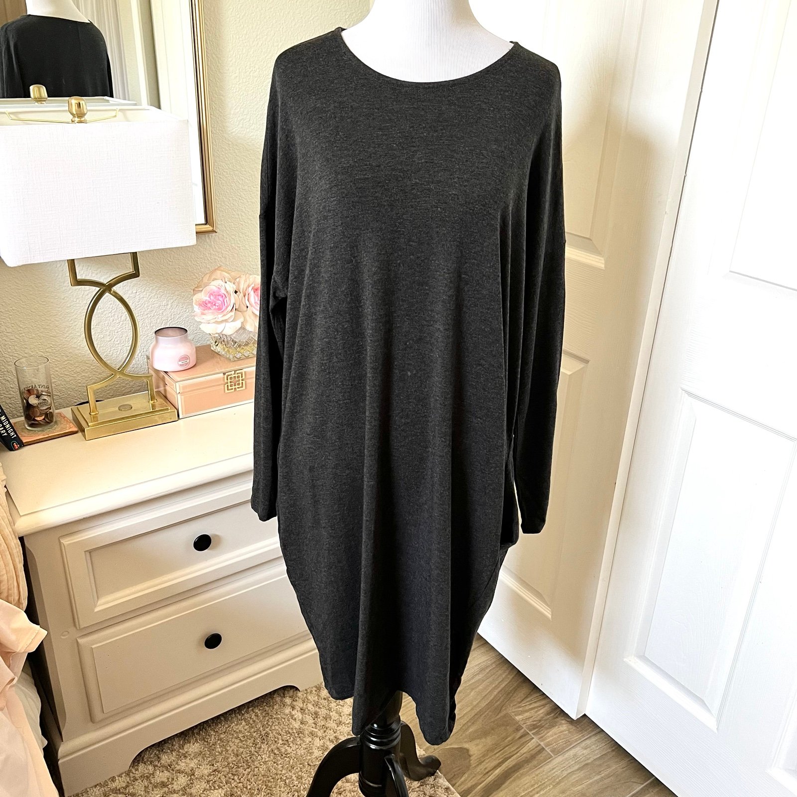 Eileen Fisher Midi Dress Long Sleeves Stretch Jersey Tencel Gray Size Medium