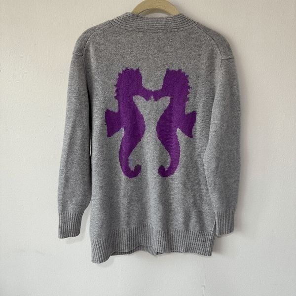 Seaton Cashmere Kissing Seahorse Gray Sweater Cardigan - Size L