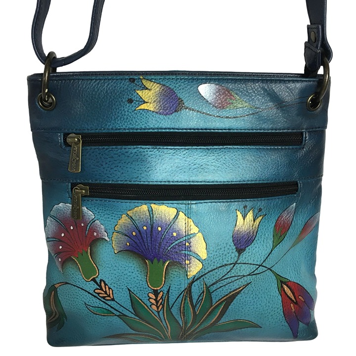 Anuschka LIKE NEW Handpainted Leather Cross Body Bag Floral Blue