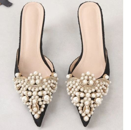 HT Mesh Faux Pearl Decor Kitten Heeled Mules For Women L5