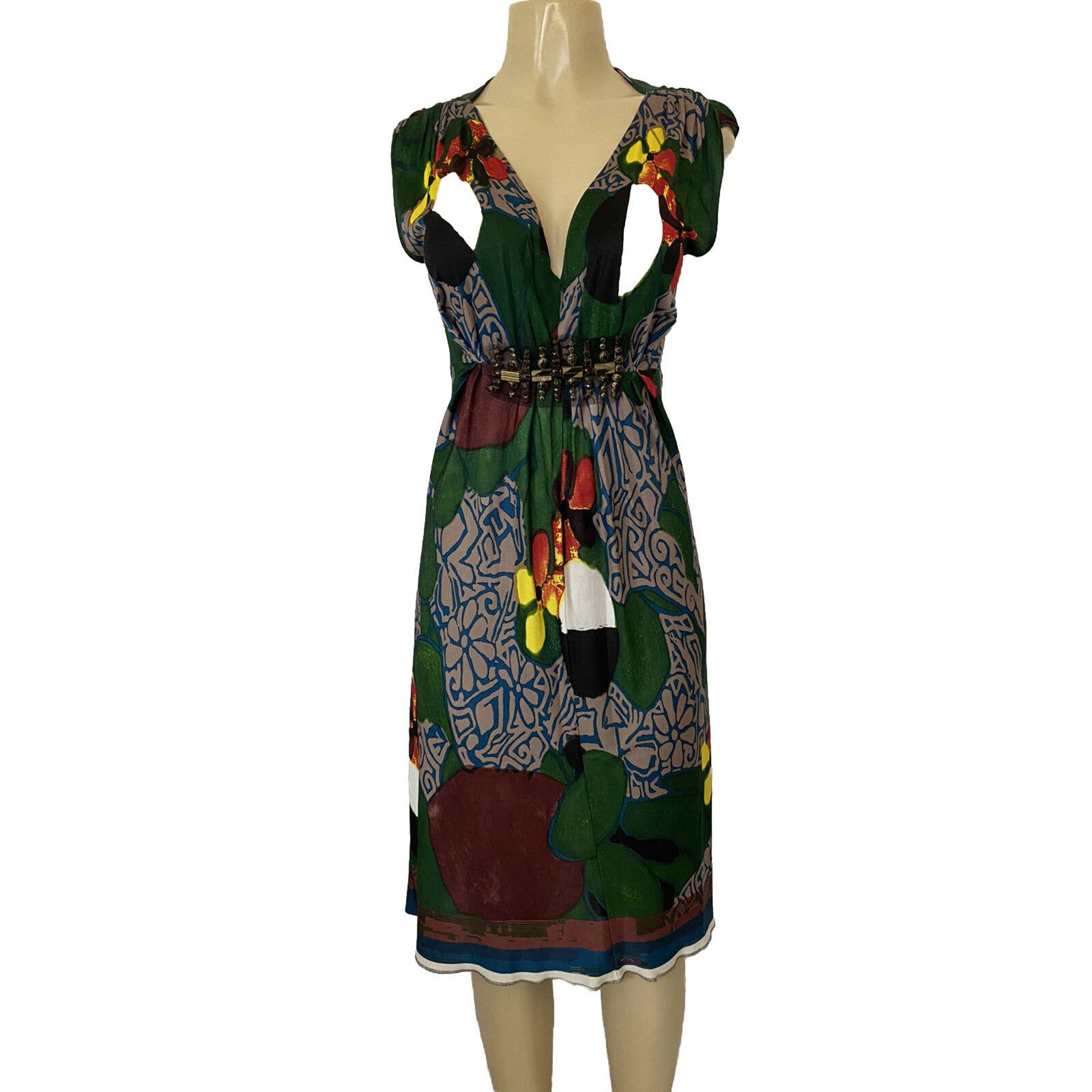 Philosophy Di Alberta Ferretti Dress Floral Beaded V Neck Sleeveless Jersey 2 XS