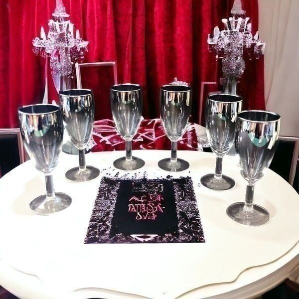 6 Queens Vitreon Lusterware Wine Glasses Silver Fade Champagne Flutes Cordial.