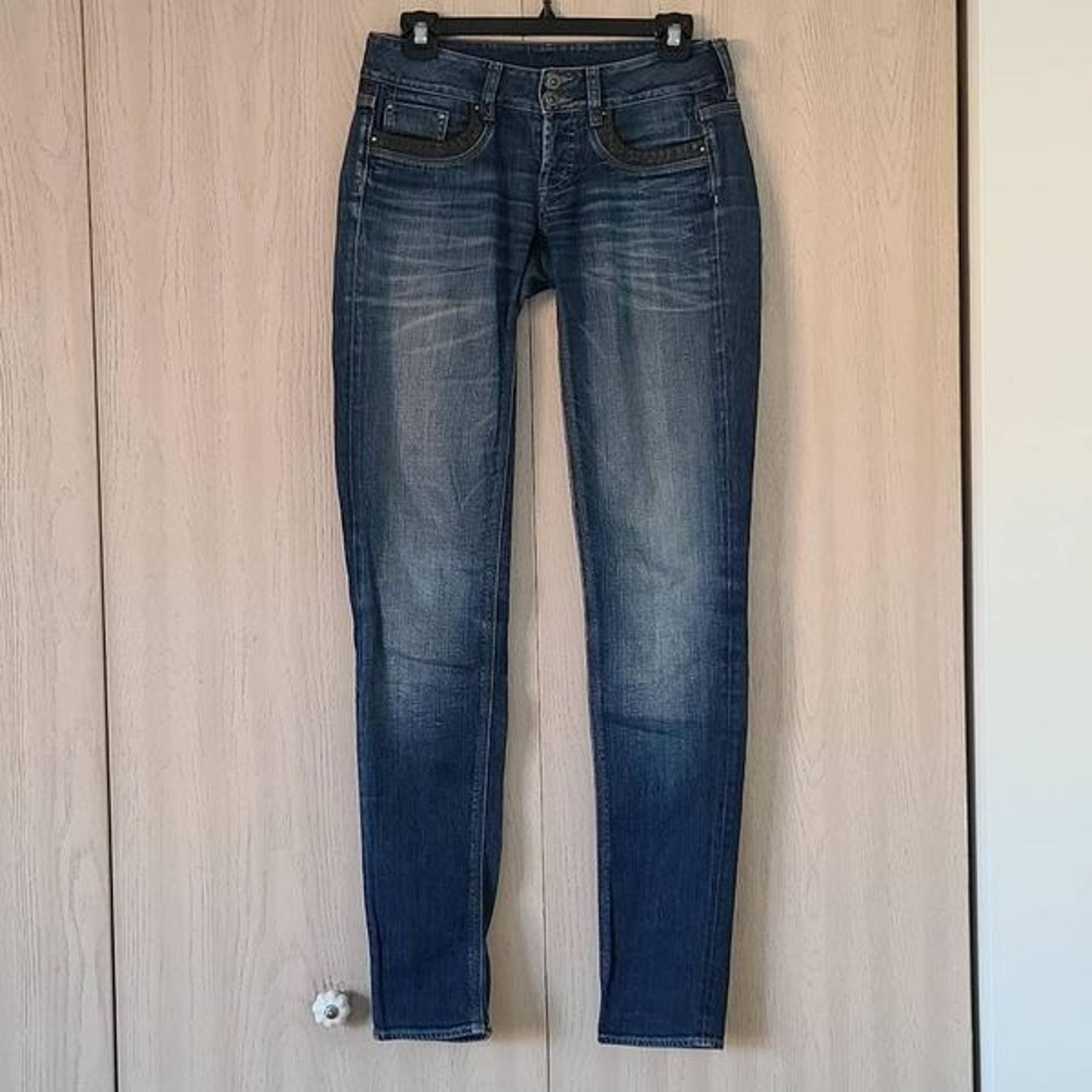 Women's Blue Leather Trim Whisker Faded Skinny Jeans Size 4 / 8 Colomb - Chevignon