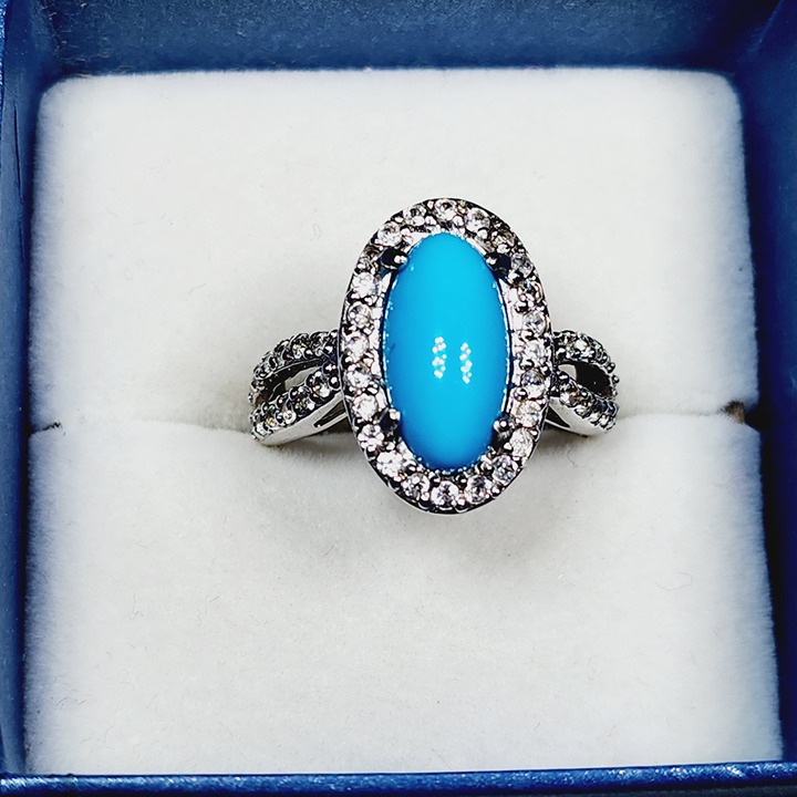 Natural Arizona Sleeping Beauty Turquoise/White Zircon ring in Plat/925SS 5.64ct