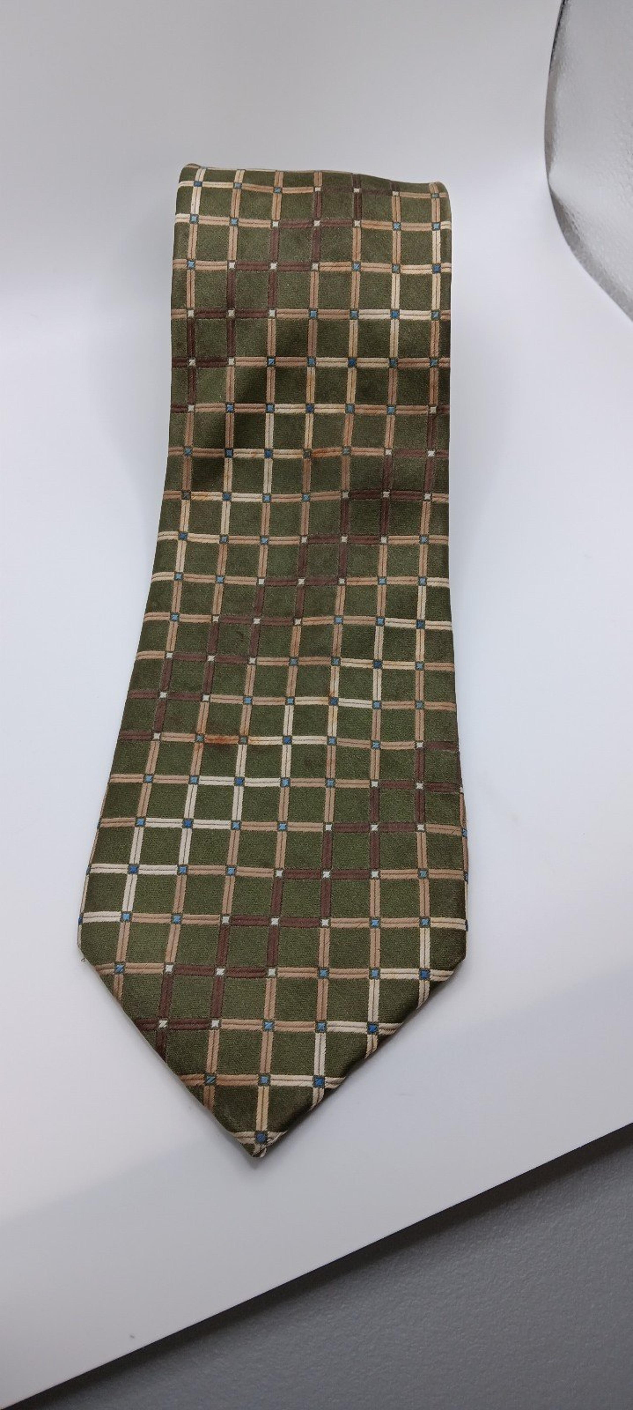 Necktie Silk Green Brown Gold Square Retro Pattern - Van Heusen