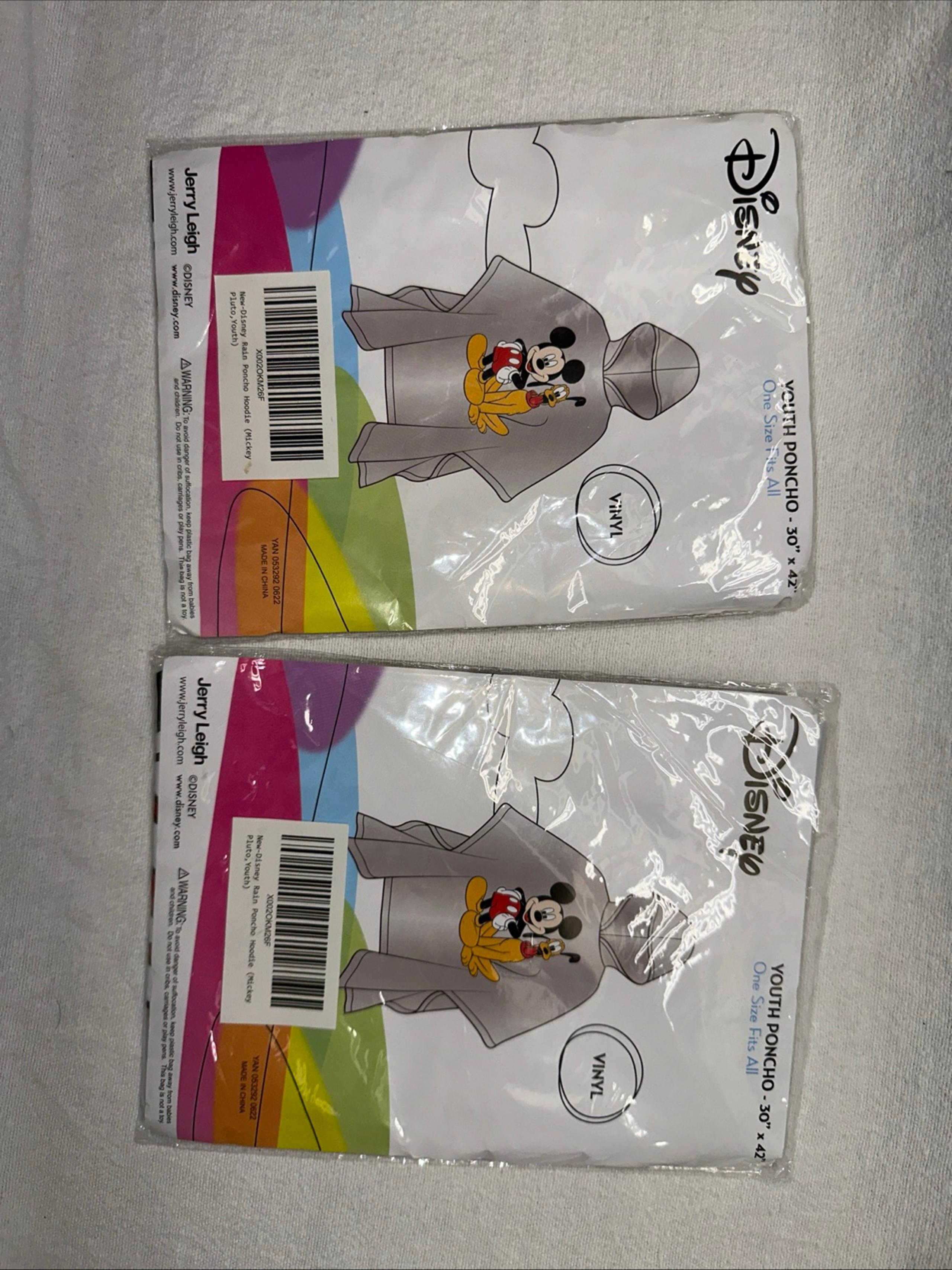 Lot of 2 Disney Mickey Mouse/Pluto Rain Poncho Hooded Clear Vinyl Pluto KIDS NEW