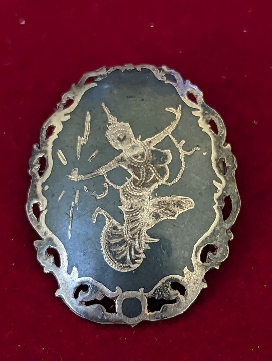 Vintage Nielloware .925 Silver Brooch of a Thai Dancing Goddess